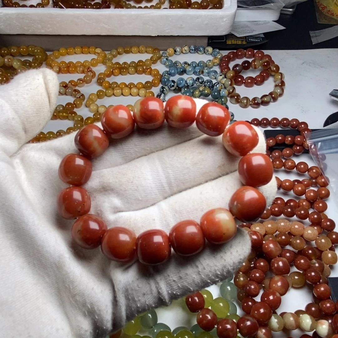 蛇纹石玉手链未镶嵌辽阳红卡14老型