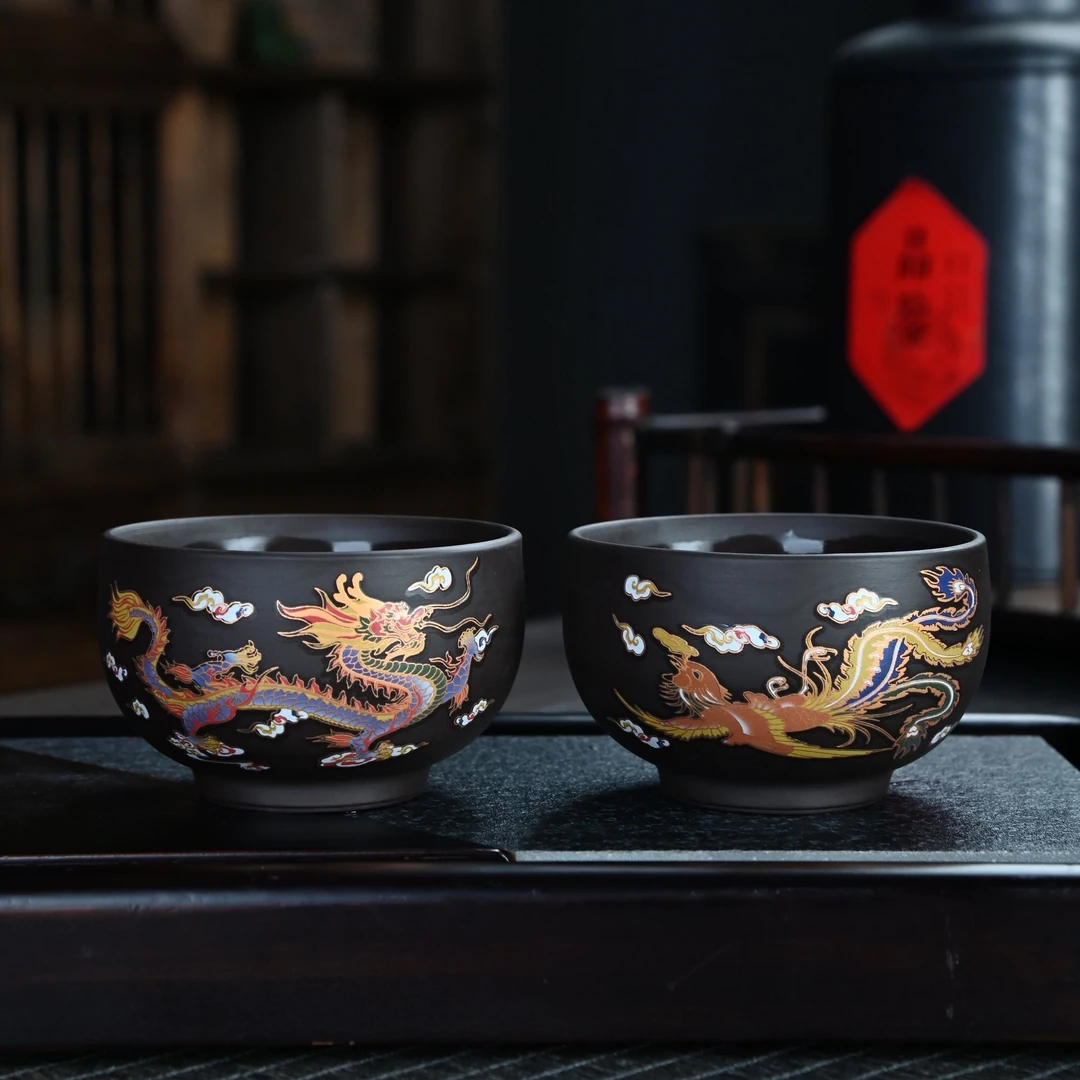 紫砂龙凤禅定杯遇热变色紫砂功夫茶具品茗变色茶杯