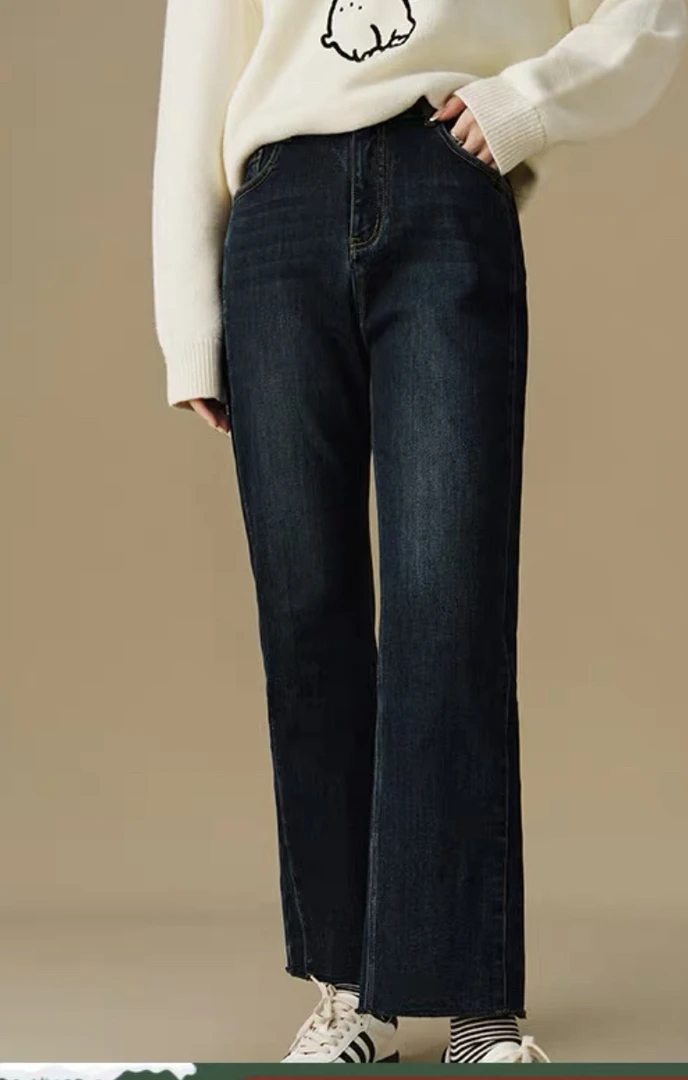 独～设计感锥形牛仔裤2024冬季新款毛边厚绒裤脚牛仔裤子