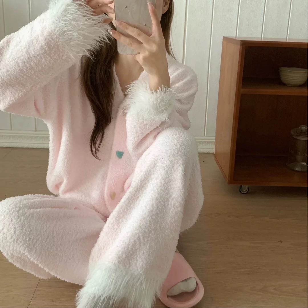 【爱心甜甜屋-双色】 针织高密半边绒冬季新款宽松家居服套装