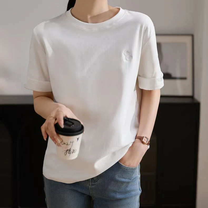 72146夏季卷边袖卡通空刺绣图案圆领套头百搭短袖T恤