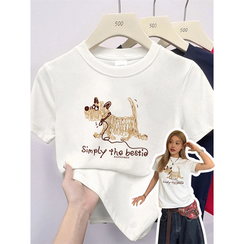 韩系ins可爱趣味印花设计感正肩短袖t恤女夏新款圆领洋气打底上衣
