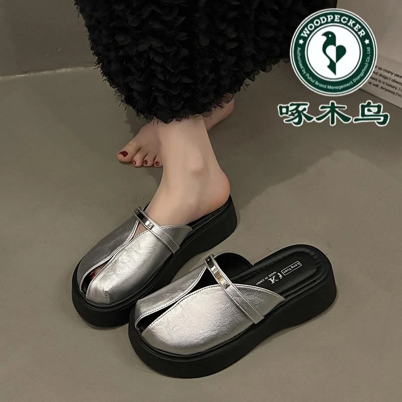 啄木鸟厚底包头半拖鞋女夏外穿2025新款百搭一脚蹬懒人穆勒凉拖鞋
