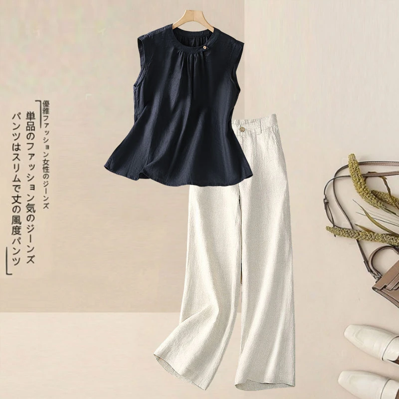 亚麻背心宽松显瘦百搭飞飞袖坎肩减龄上衣加薄款直筒长裤时髦套装