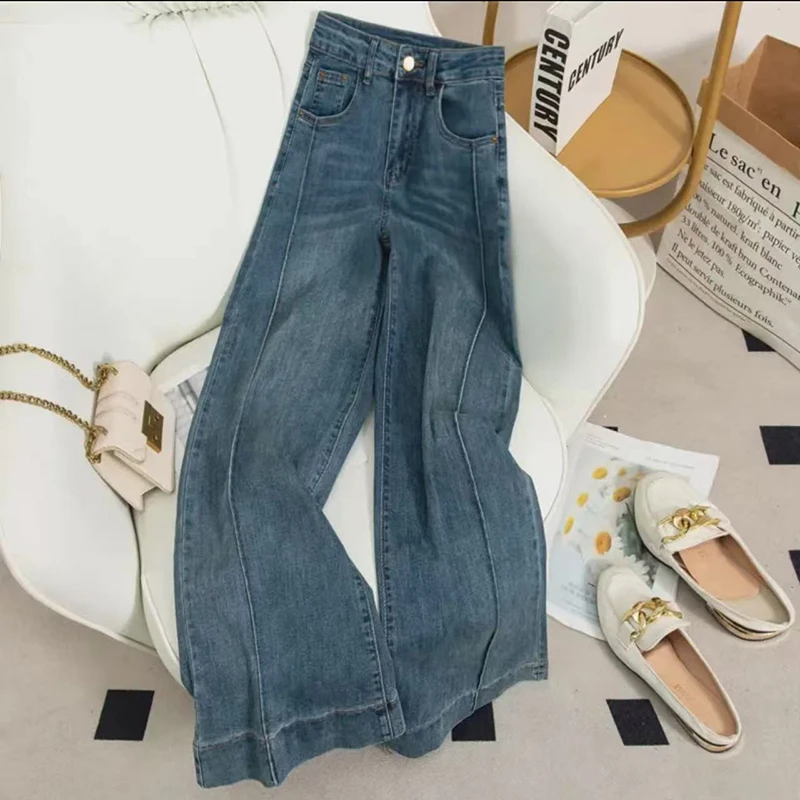乔栈高腰显瘦牛仔裤女2025春季蓝色弹力百搭修身宽松直筒裤长裤子