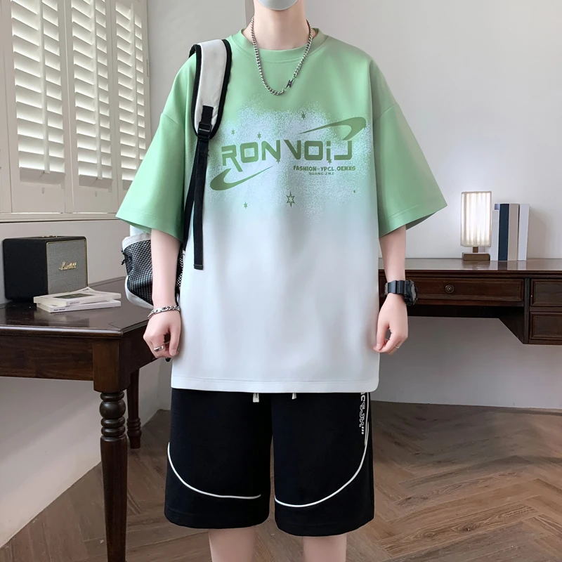 冰丝短袖短裤套装男夏季渐变扎染青少年一整套穿搭休闲宽松两件套