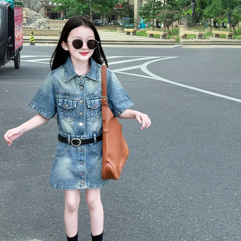 女童2025夏季新款韩版炸街气质女童港风穿搭复古牛仔工装连衣裙潮