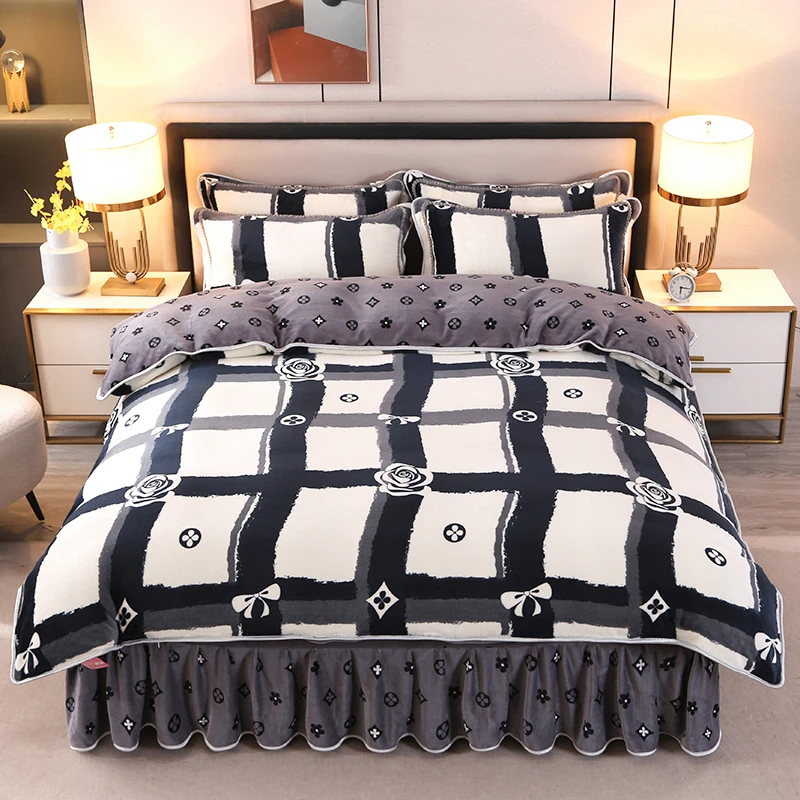 高档牛奶绒四件套加厚保暖床品冬季床单被套床裙双面轻奢简约加绒