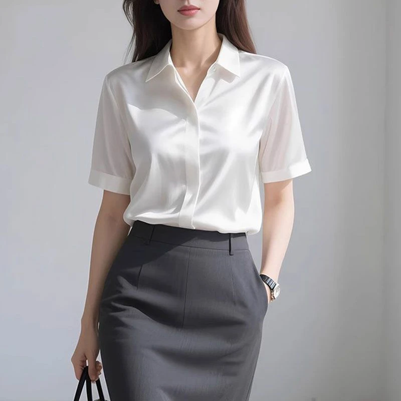 KALUOLAI/卡洛莱白色缎面醋酸衬衫女夏季新款设计感通勤短袖上衣