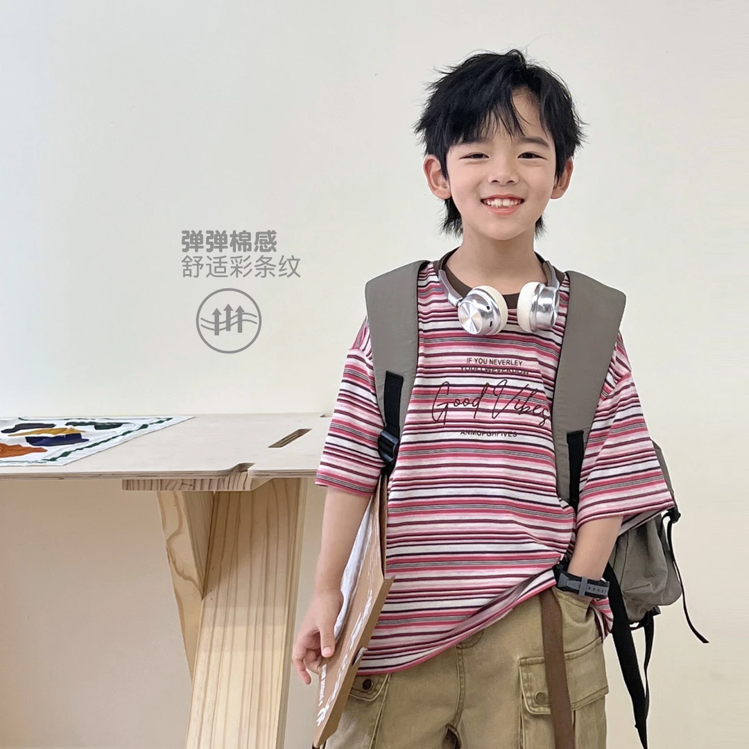 童装儿童短袖T恤夏季韩版条纹上衣中大童儿童男童透气5058239O5