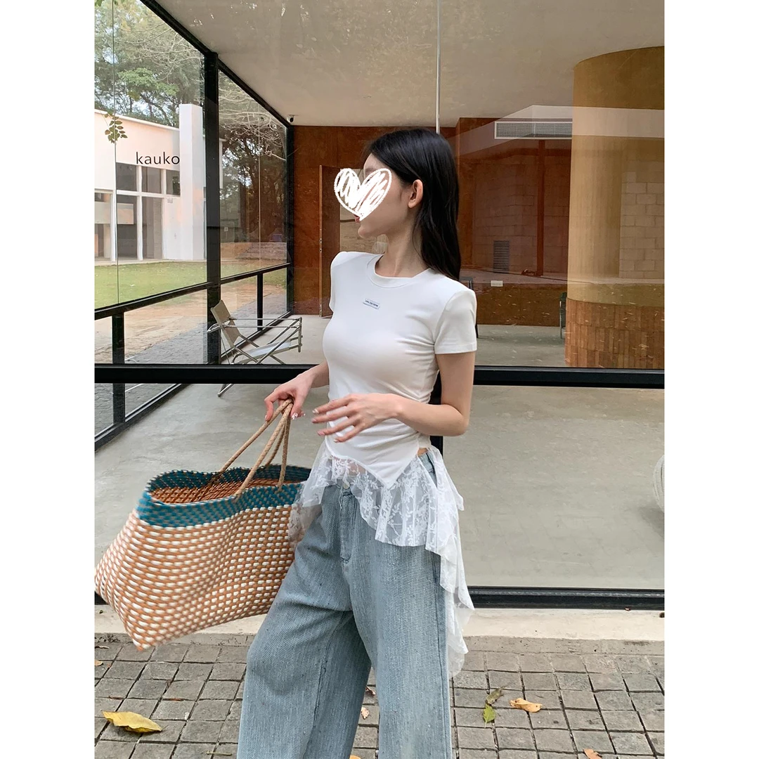 春夏圆领掐腰褶收腰蕾丝飘带拼接短袖T恤