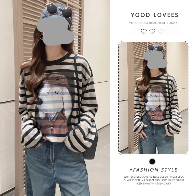 慵懒风条纹小狗印花T恤2025春秋季新款韩系宽松百搭圆领打底衫ins