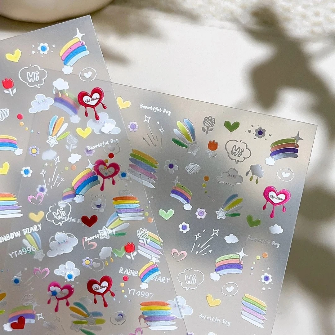 2025夏日多巴胺浮雕彩虹美甲贴纸爱心花朵线条防水指甲贴平板装饰