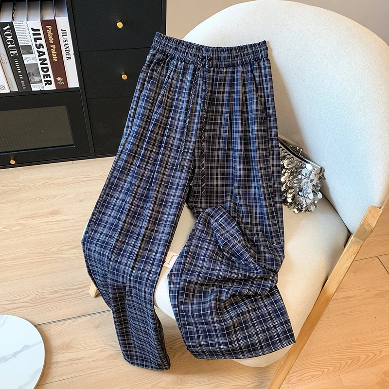 夏季薄款高腰显瘦松紧腰阔腿裤女2025复古格子休闲宽松拖地直筒裤