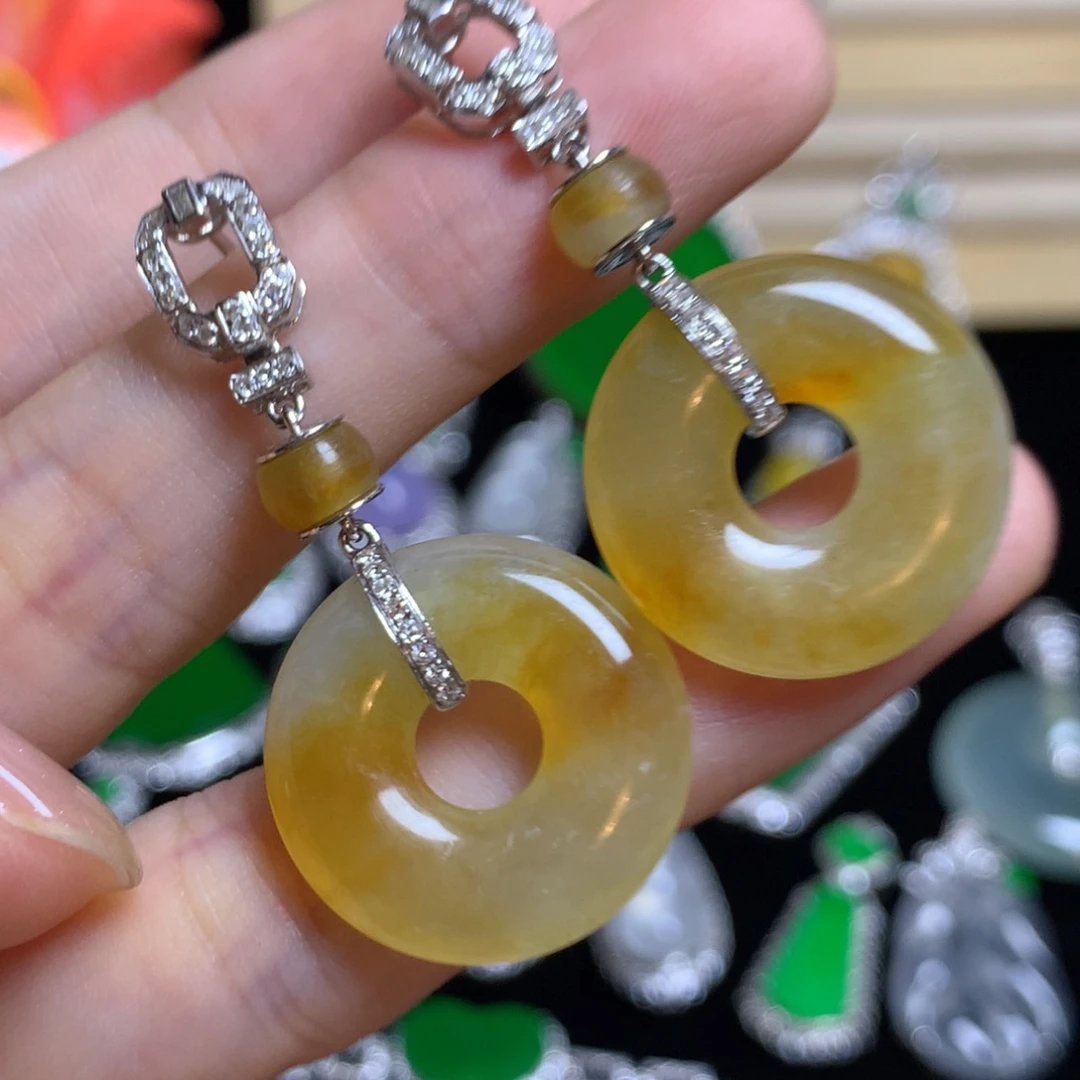 翡翠18K金镶嵌耳饰甜甜圈耳坠