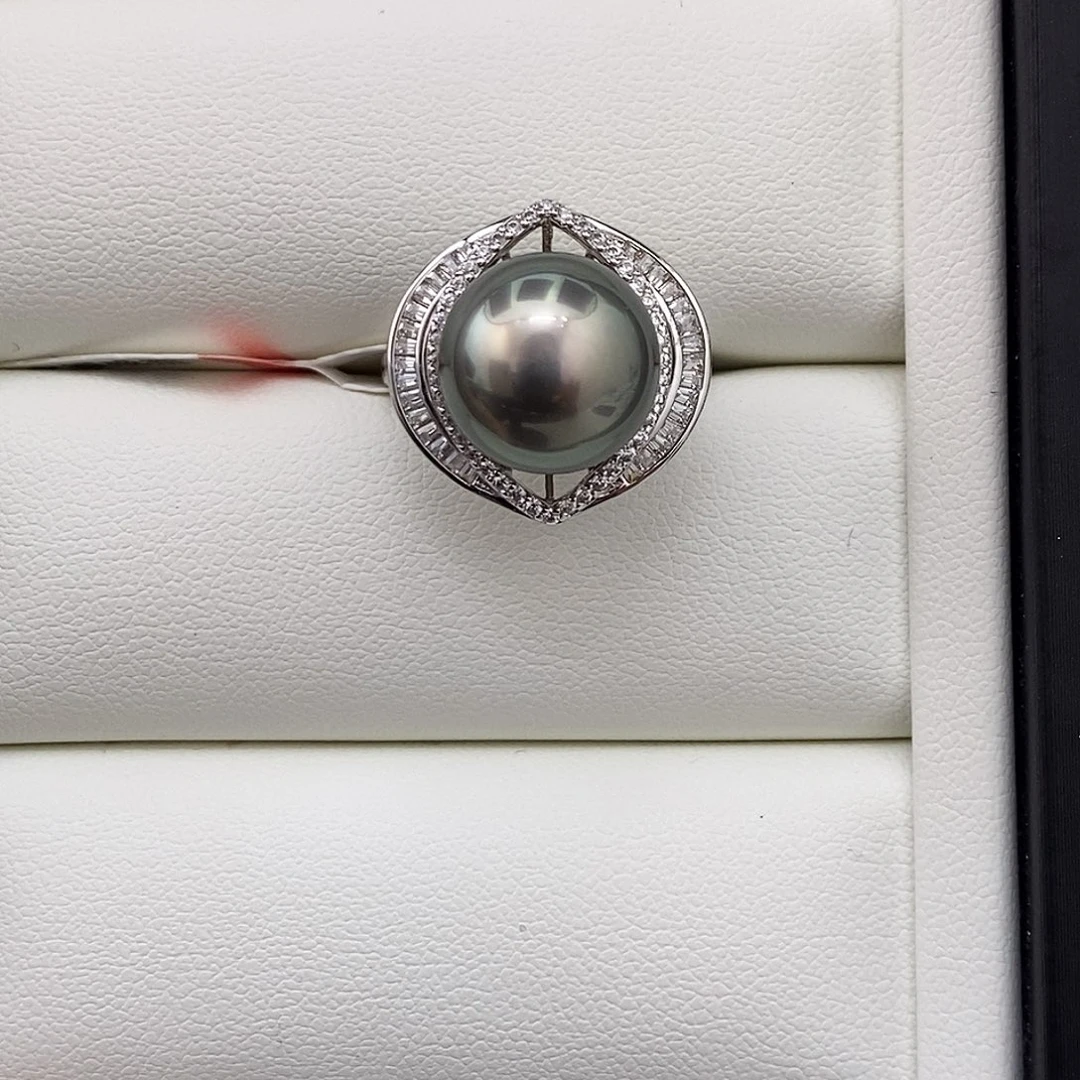 戒指银S925镶嵌海水珍珠孔雀绿戒指11.8mm