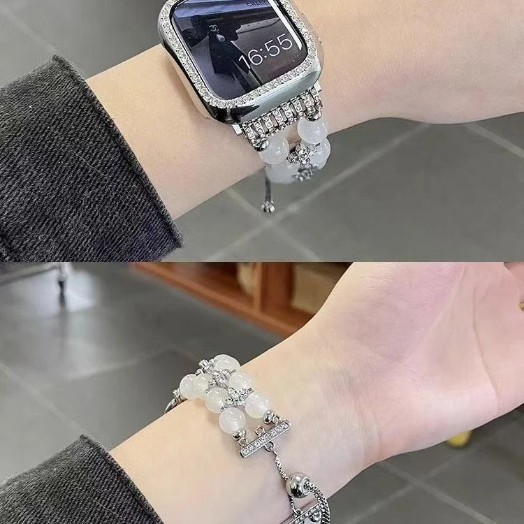 适用苹果手表表带Applewatch 小香风表链珍珠手表带高级链条金属