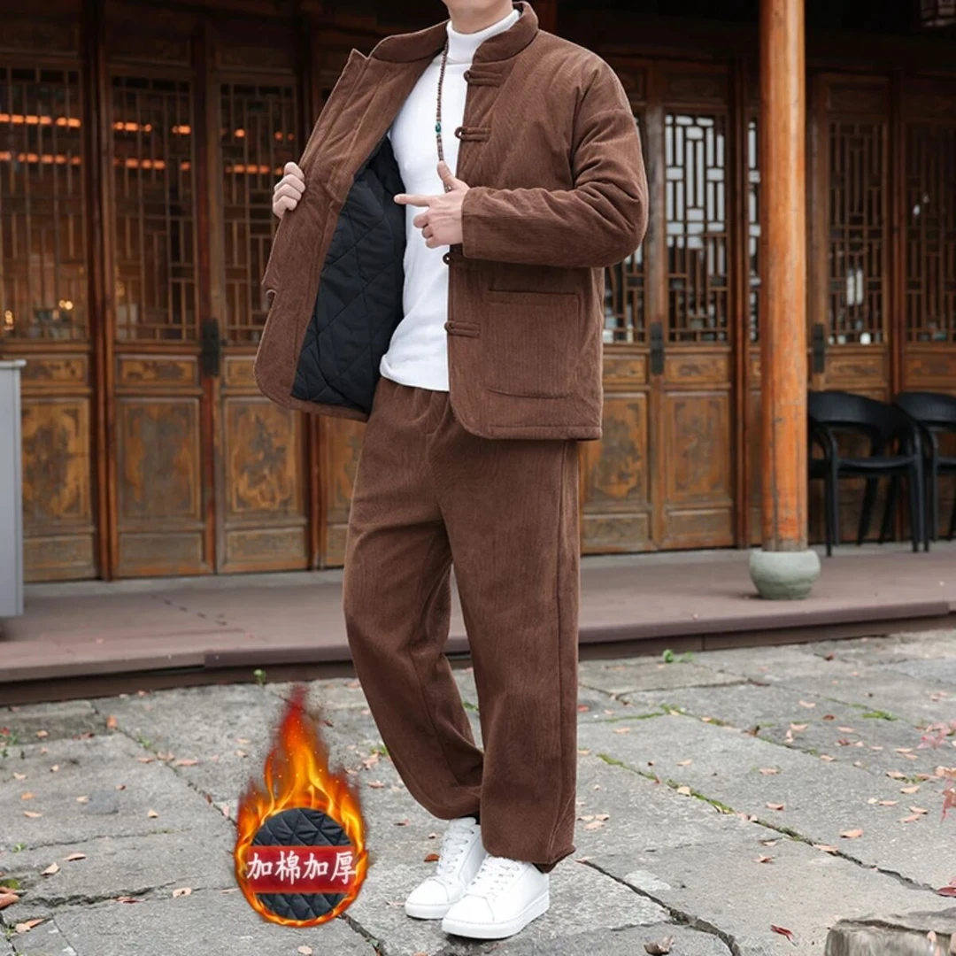 冬季新中式纯色复古保暖加厚棉服套装唐装休闲宽松居家服两件套装