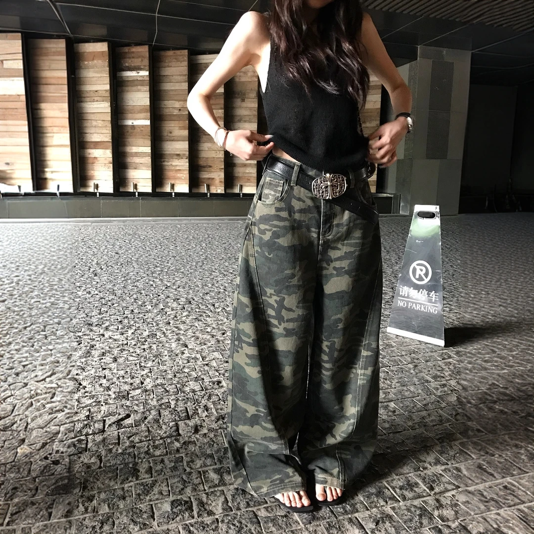 大码美式复古迷彩阔腿牛仔裤女街头辣妹宽松垂感廓形拖地弯刀长裤