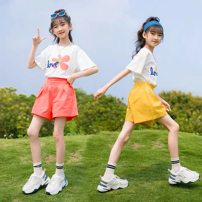 女童夏季套装2025新款中大童棉短袖短裤小女孩运动休闲风两件套