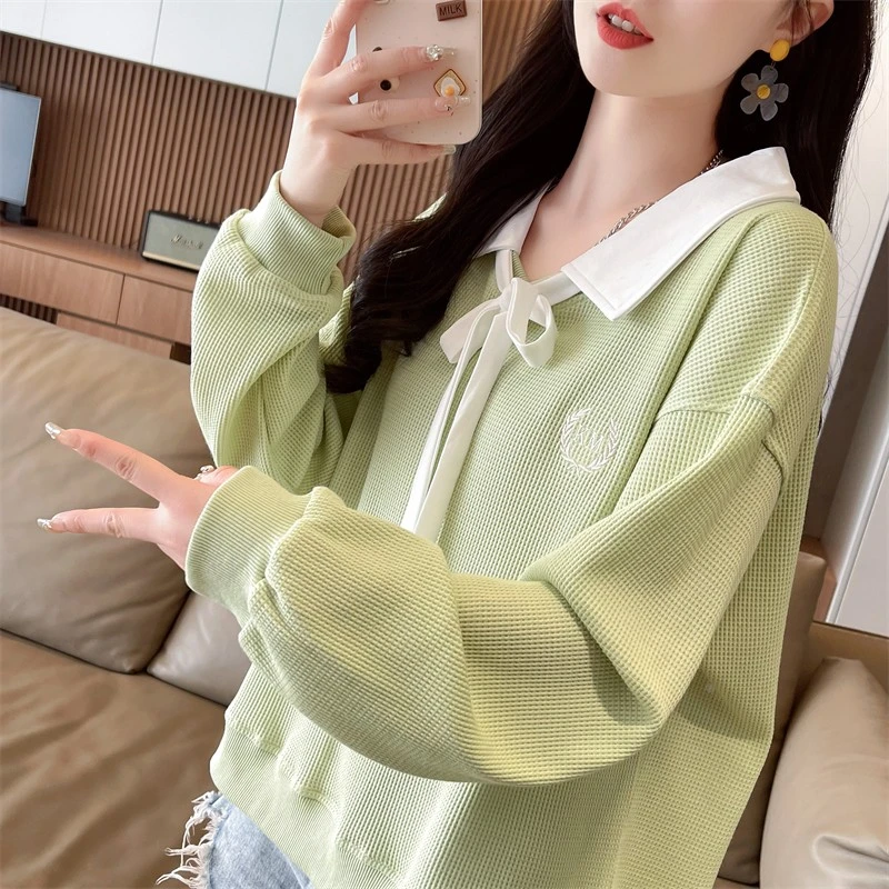 早春polo领华夫格卫衣女春秋季2025新款宽松韩版撞色设计感上衣服
