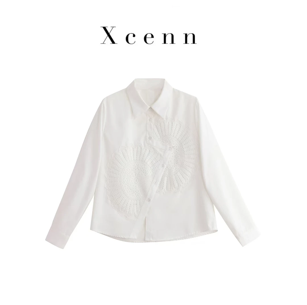 【新宸】25春设计感重工钩花蕾丝拼接不规则下摆内搭衬衫XC0A250215