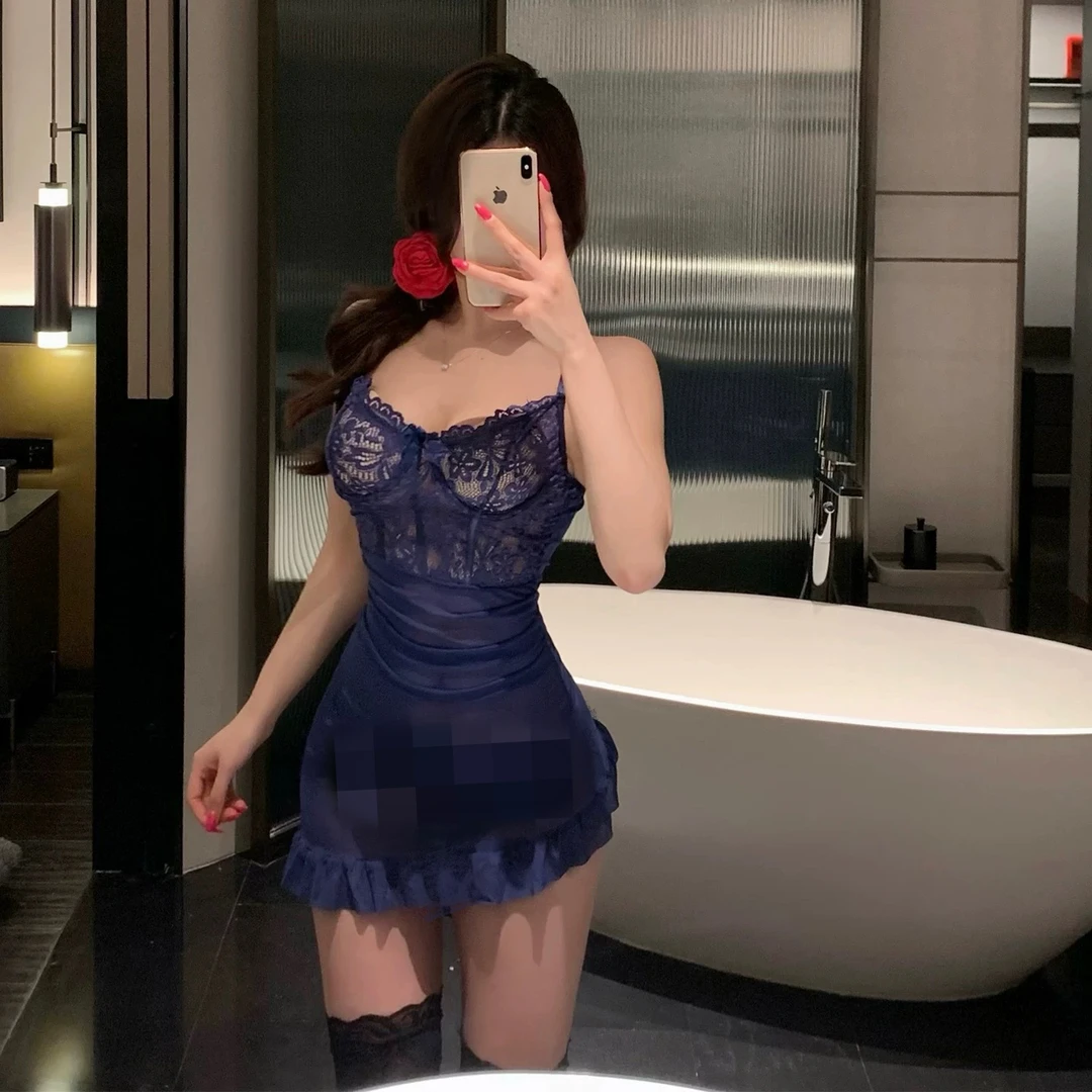 【梦魂不舍】蓝调时刻！蕾丝不规则性感显瘦吊带睡裙 有钢圈