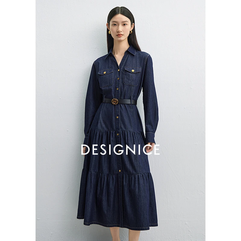 迪赛尼斯春秋通勤气质优雅水洗牛仔长袖高腰连衣裙女