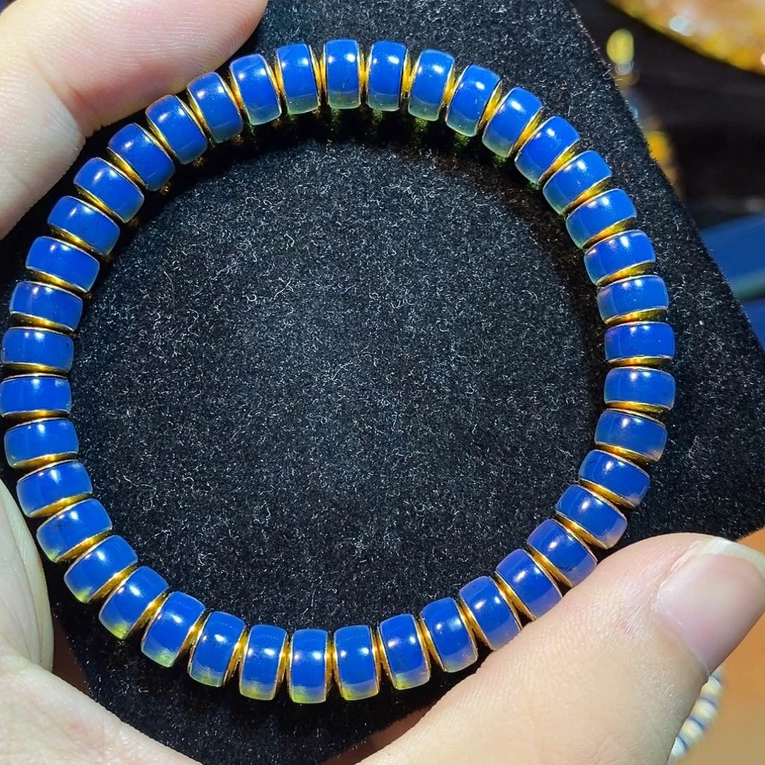 蓝珀银S925镀金镶嵌珠宝奇石7MM多米皇家蓝药片手串