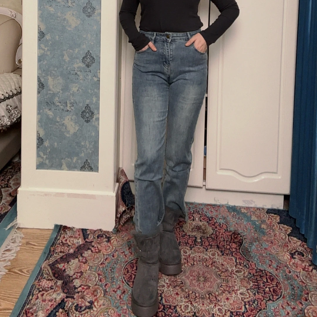 2393秋冬季蓝色高腰九分裤牛仔裤女显瘦百搭磨毛弹力窄版小脚长裤