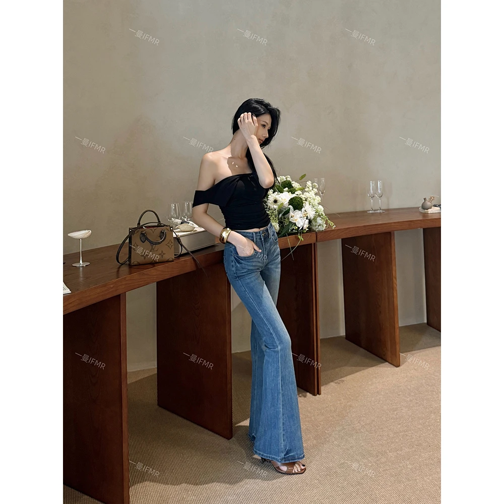 IFMR夏季新款复古蓝微喇叭牛仔裤女设计感低腰修身显瘦马蹄拖地裤