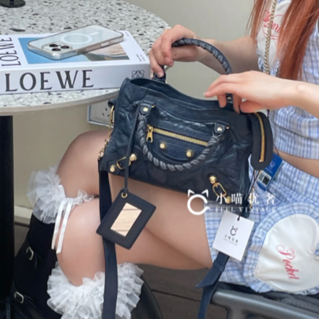 99新 Balenciaga/巴黎世家 深蓝金钉油蜡皮mini机车包迷你手提包