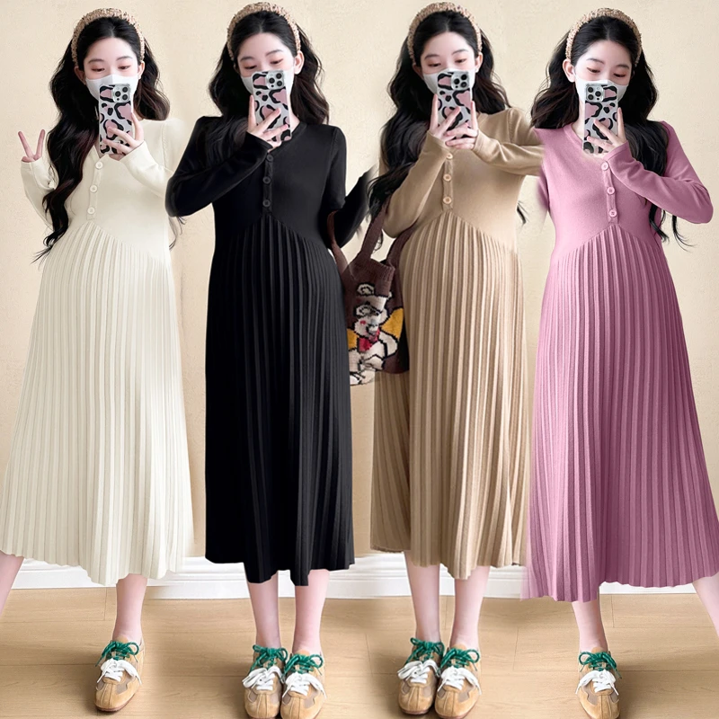 孕妇装针织连衣裙女春秋新款宽松大码打底长款毛衣裙过膝百褶长裙