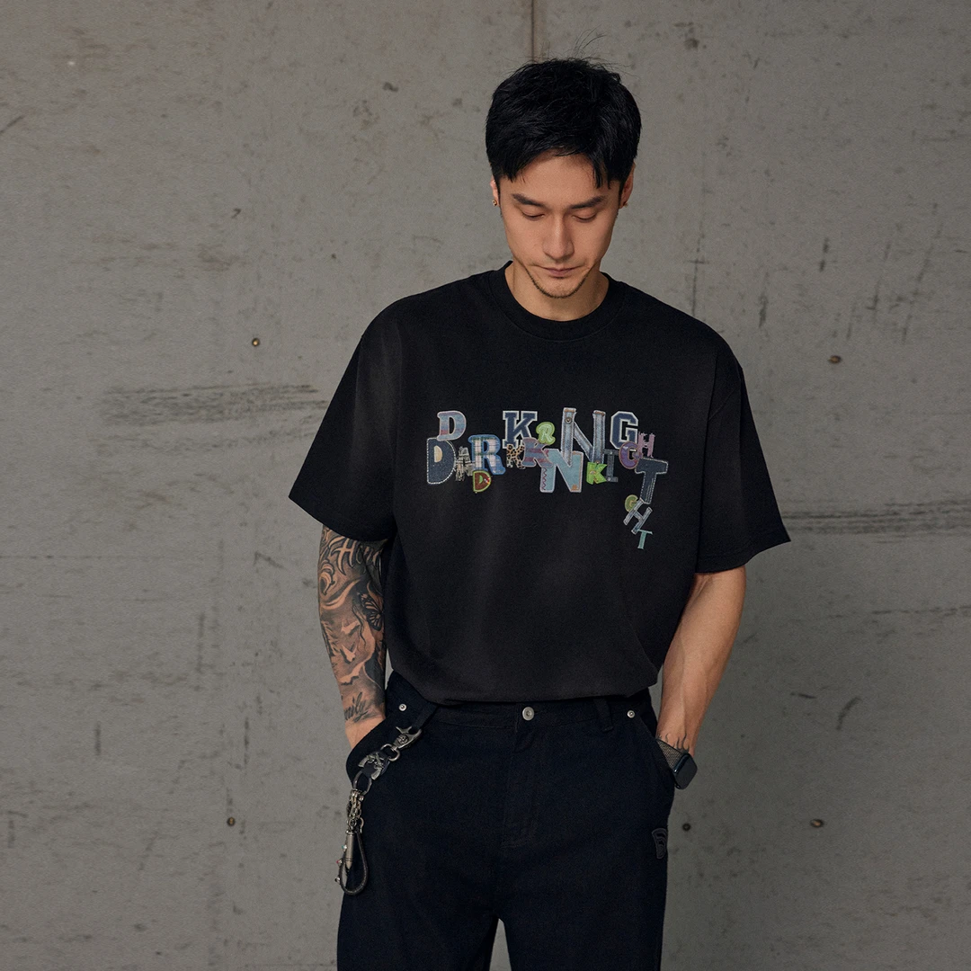 DRK绣标印花脏染T宽松圆领男士美式纯棉休闲夏季