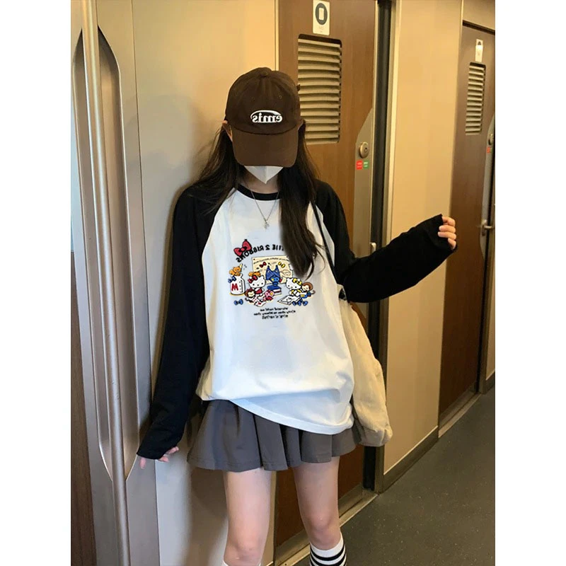 大码300斤春秋季纯棉印花插肩袖休闲长袖T恤女装宽松百搭胖mm上衣