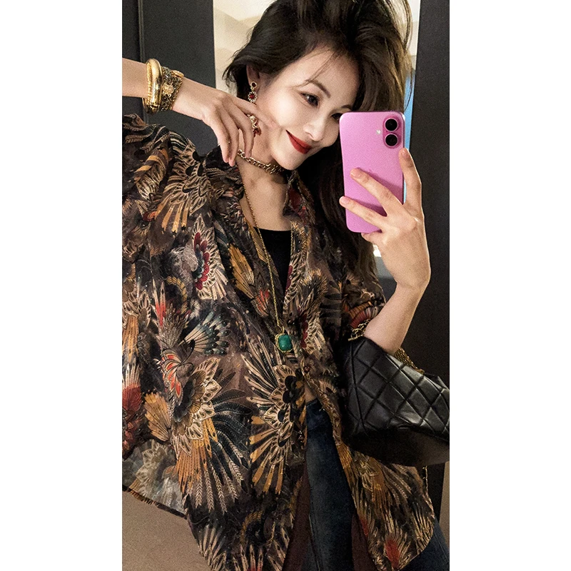 A美洋MEIYANG 异域雪纺衫 复古轻薄翻领排扣宽松休闲印花长袖衫E