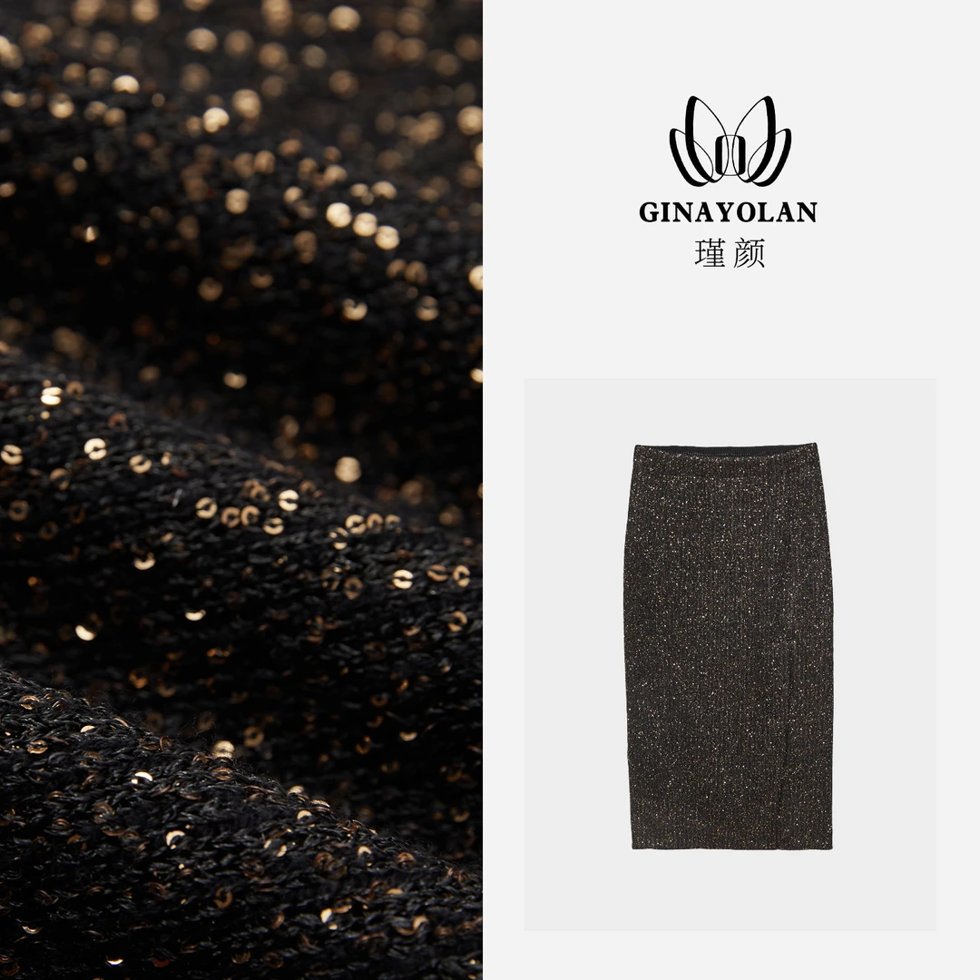 GINAYOLAN/瑾颜【黑金系列】奢华面料亮闪重工珠片高定半身裙