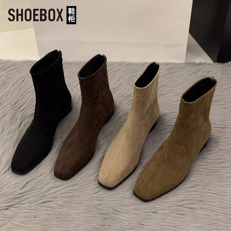 SHOEBOX鞋柜粗跟绒面法式小踝靴女2025秋季新款马丁靴瘦瘦短靴