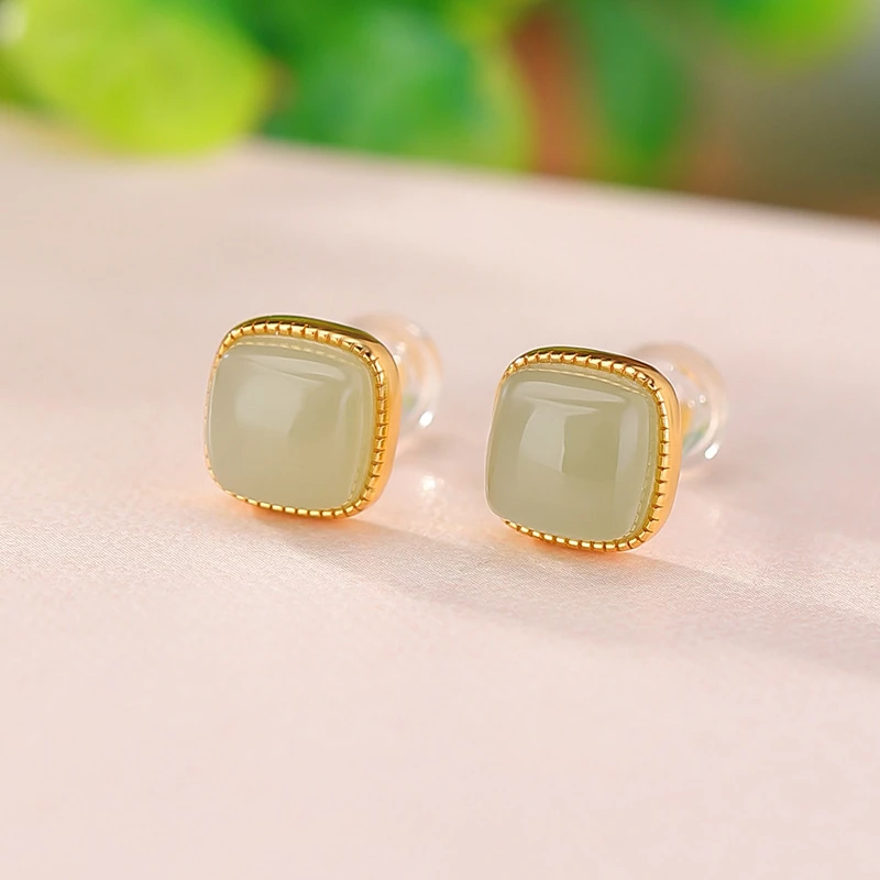 S925纯银镀金和田玉晴水玉复古简约气质方形耳钉菱形银耳饰