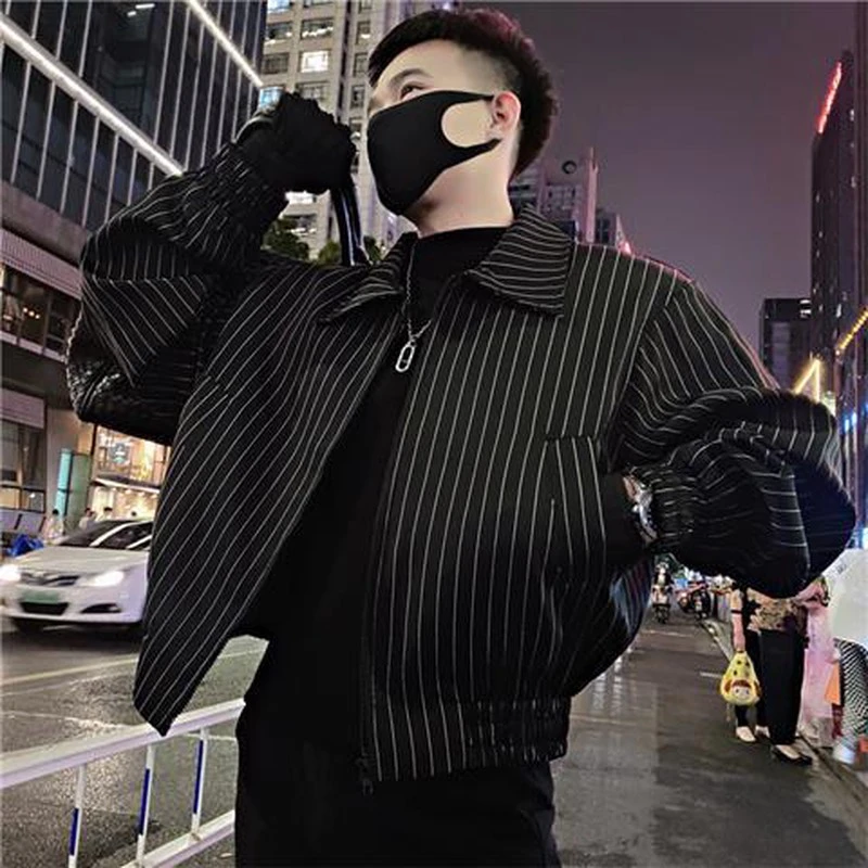 潮牌轻奢秋季短款夹外套男暗黑系条纹上衣高级感痞帅秋冬高端男士