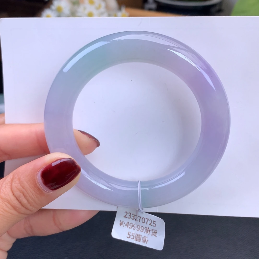 翡翠手镯未镶嵌糯冰幻彩胖圆手镯（有纹）