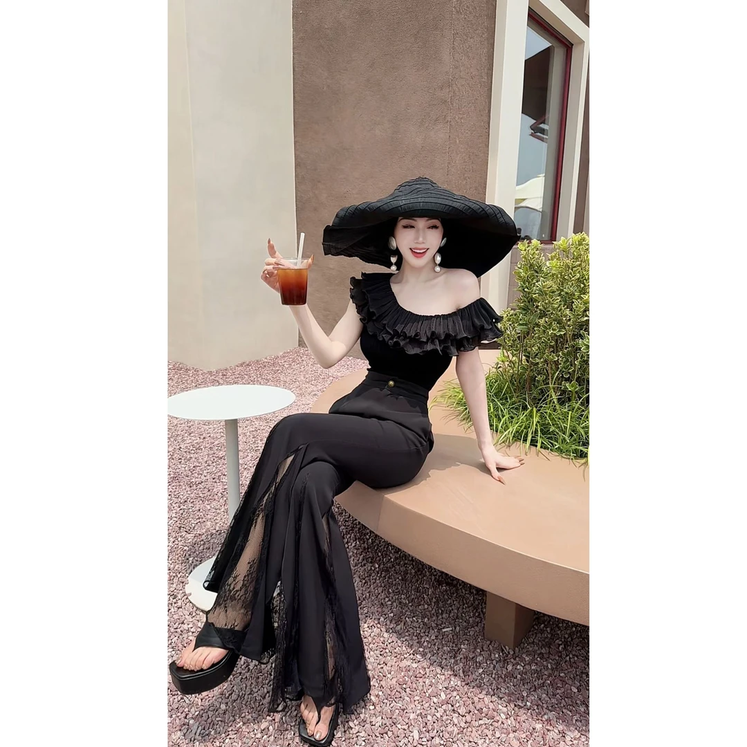 LYXJ【左岸褶皱】醋酸斜肩上衣2025夏新款收腰显瘦高弹舒适（带胸垫）