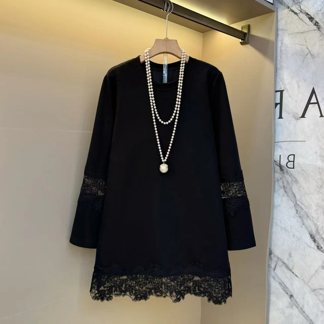 2025冬季新款设计圆领洋气蕾丝拼接镂空甜美时尚气质显瘦上衣6152