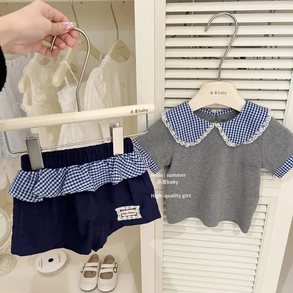 女童夏季新款短袖套装洋气花边翻领T恤休闲短裤两件套