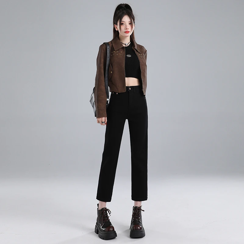 2025秋冬新款超柔弹力面料时尚潮流烟管法棍直筒牛仔裤女