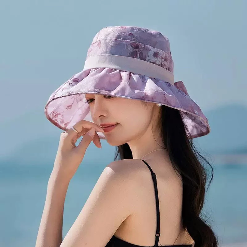 44大沿遮阳帽中老年人印花蝴蝶结太阳帽出游逛街可折叠度假渔夫帽