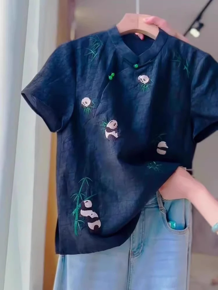 新中式国风熊猫刺绣短袖衬衫女2025夏季洋气减龄龟裂纹上衣
