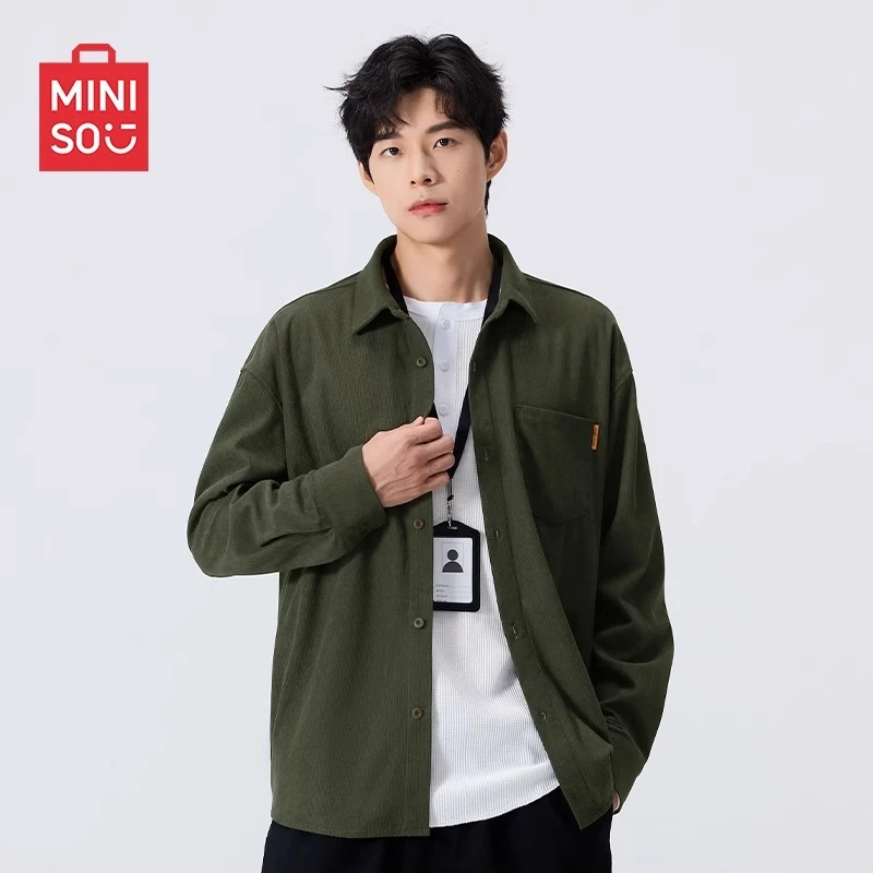名创优品灯芯绒衬衫男款秋季绿色肌理感百搭休闲上衣古巴领外套