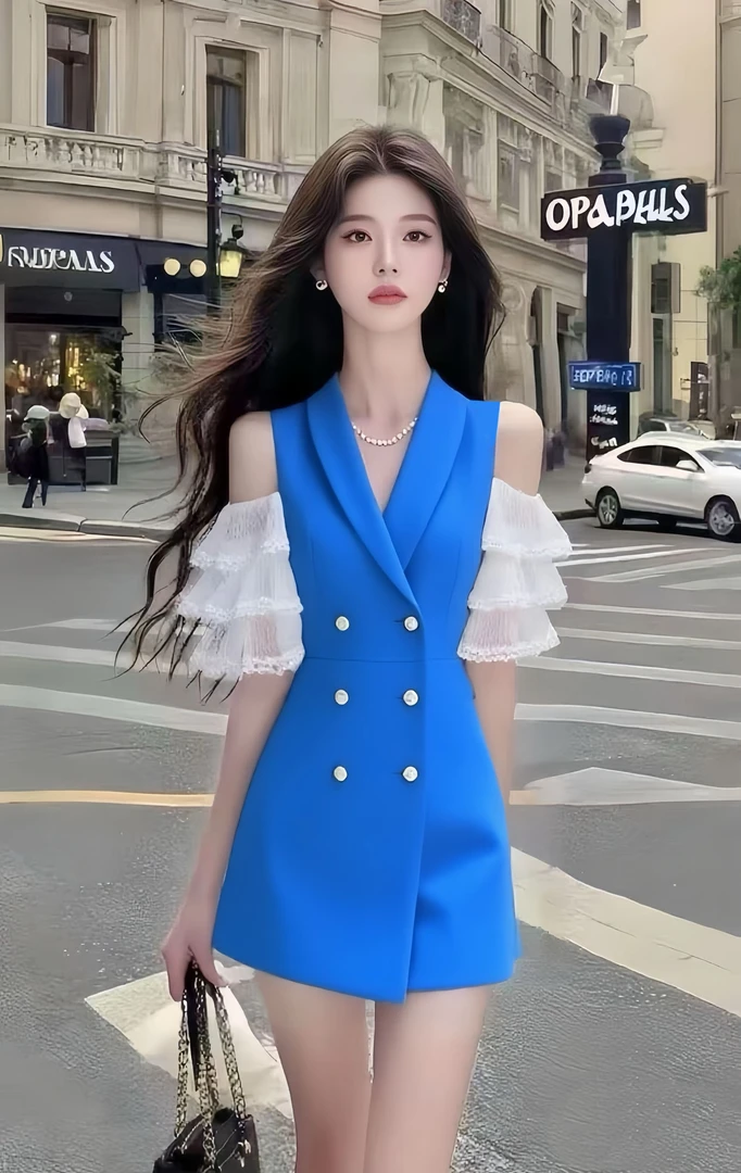 2025夏季新款时尚气质轻奢知性风蓝色V领露肩设计修身收腰连衣裙