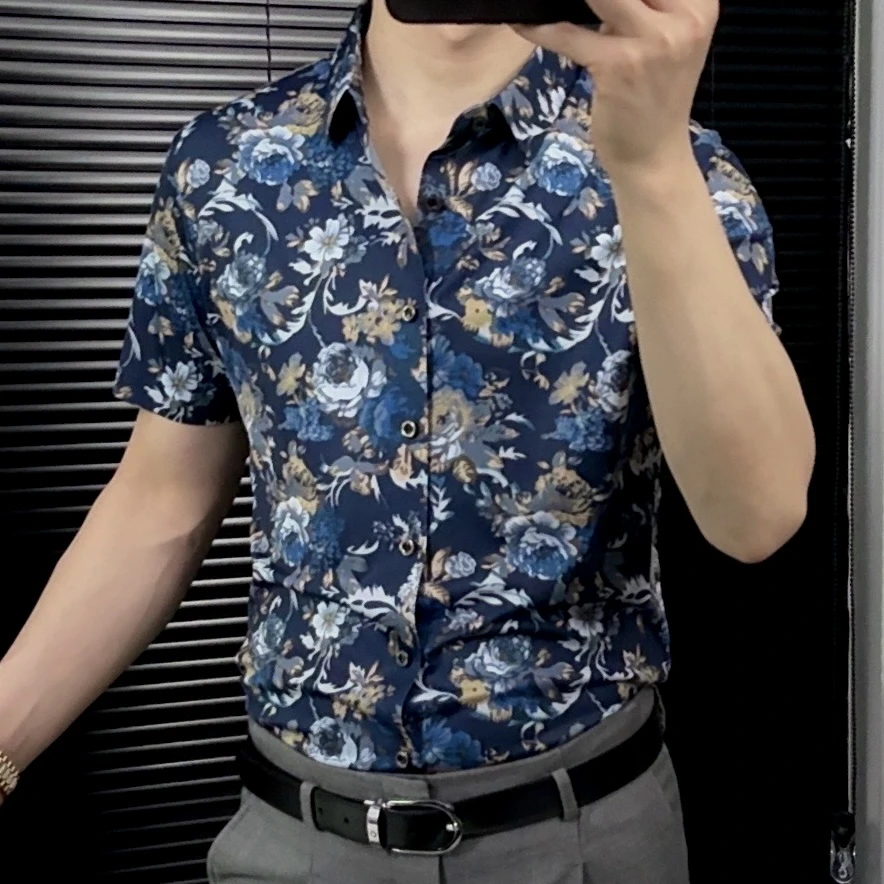 桑蚕丝莱赛尔印花男士时尚百搭短袖格子衬衫夏季轻奢碎花休闲复古